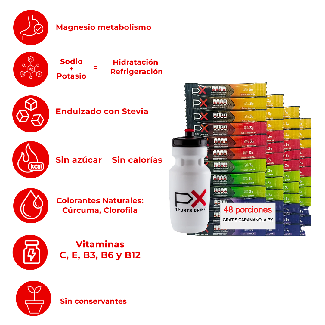 48 sobres de PX Electrolyte + Caramañola. Bebida hidratante sin azúcar / sin calorías