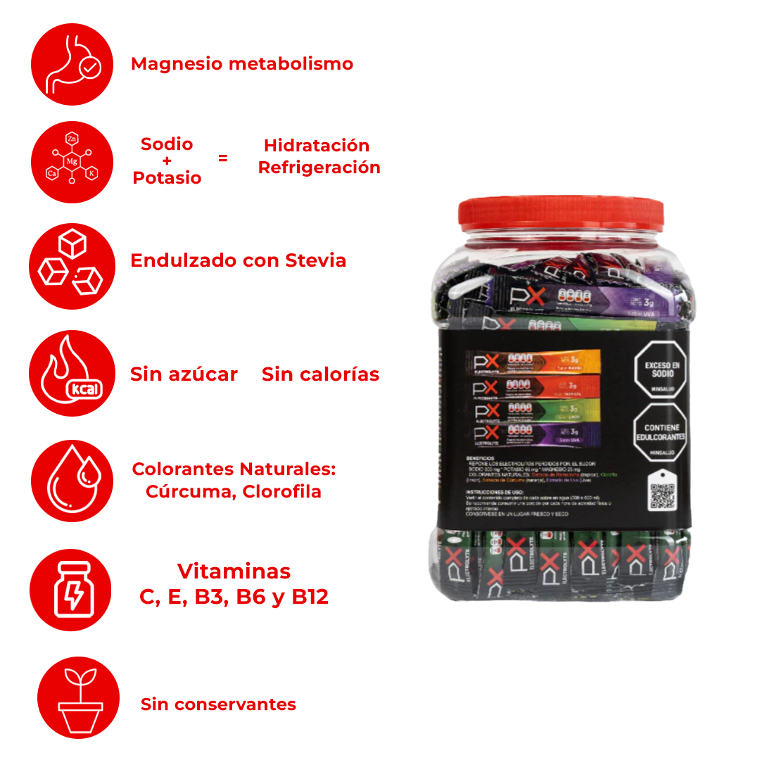 250 sobres (bombonera) de PX Electrolyte. Bebida hidratante sin azúcar / sin calorías