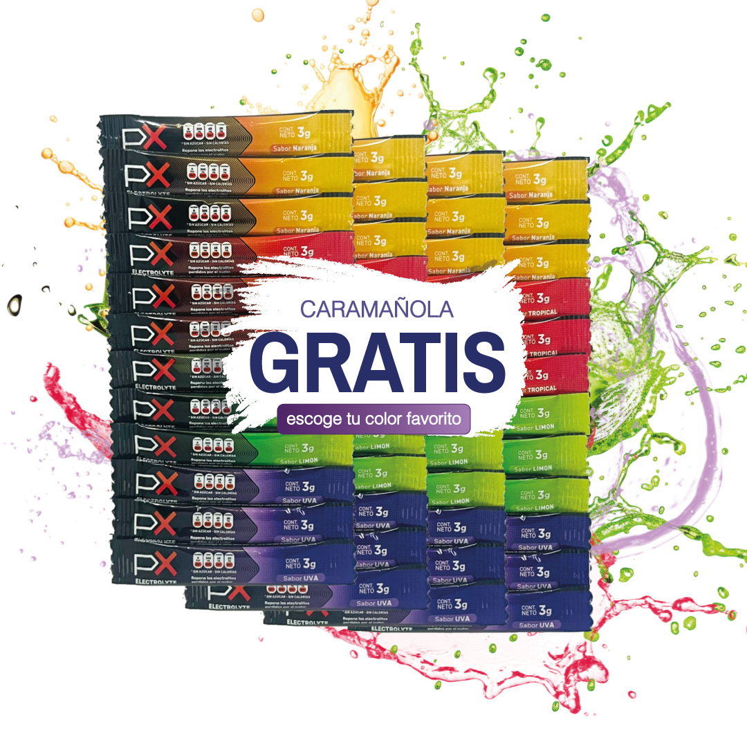 48 sobres de PX Electrolyte + Caramañola. Bebida hidratante sin azúcar / sin calorías
